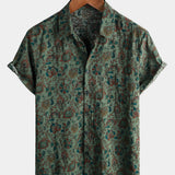 Vintage Koszula Bawełniana z Krótkim Rękawem z Guzikami w Stylu Retro Paisley Zielona dla Mężczyzn z Lat 70