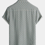 Męska Koszula Bawełniana Casual Vintage Geometryczna z Guzikami na Lato Retro Krótki Rękaw