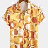 Retro Letnia Koszula Męska z Bawełny, Guziki, Pomarańczowa Vintage, Geometryczna, Disco, Plaża, Chłodna, Krótki Rękaw
