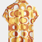Retro Letnia Koszula Męska z Bawełny, Guziki, Pomarańczowa Vintage, Geometryczna, Disco, Plaża, Chłodna, Krótki Rękaw