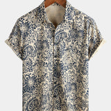 Koszula Vintage z Bawełny z Knapem i Retro Kwiatowym Wzorem Paisley dla Mężczyzn z Krótkim Rękawem
