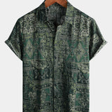 Koszula Męska z Bawełny w Retro Kwiatowy Wzór Paisley, Zielona, Krótki Rękaw