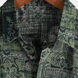 Koszula Męska z Bawełny w Retro Kwiatowy Wzór Paisley, Zielona, Krótki Rękaw