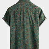 Męska Koszula Vintage z Bawełny w Wzór Paisley z Lat 70-tych, Zielona, Boho, Retro, Tribal, z Krótkim Rękawem