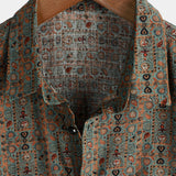 Męska Koszula z Bawełny w Stylu Vintage z Wzorem Paisley z Lat 70-tych z Brązowymi Guzikami w Stylu Boho Retro Tribal, Krótki Rękaw