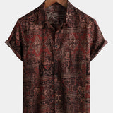 Męska Koszula Bawełniana w Stylu Retro z Wzorem Kwiatowym Paisley, Z Guzikami, Vintage, Na Wakacje, Zachodni, Brązowa, Krótki Rękaw