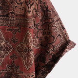 Męska Koszula Bawełniana w Stylu Retro z Wzorem Kwiatowym Paisley, Z Guzikami, Vintage, Na Wakacje, Zachodni, Brązowa, Krótki Rękaw