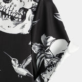 Czarna Koszula Hawajska z Krótkim Rękawem dla Mężczyzn z Czaszką, Kolibrem i Stylem Punk Rockowym