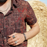 Męska Koszula Bawełniana w Stylu Retro z Wzorem Kwiatowym Paisley, Z Guzikami, Vintage, Na Wakacje, Zachodni, Brązowa, Krótki Rękaw