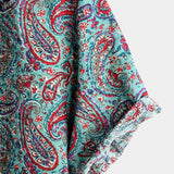 Koszula Vintage z Krótkim Rękawem z Bawełny z Guzikami dla Mężczyzn w Stylu Paisley