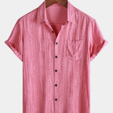 Koszula z Krótkim Rękawem z Bawełny z Kieszonką dla Mężczyzn w Czarne Paski, Oddychająca
